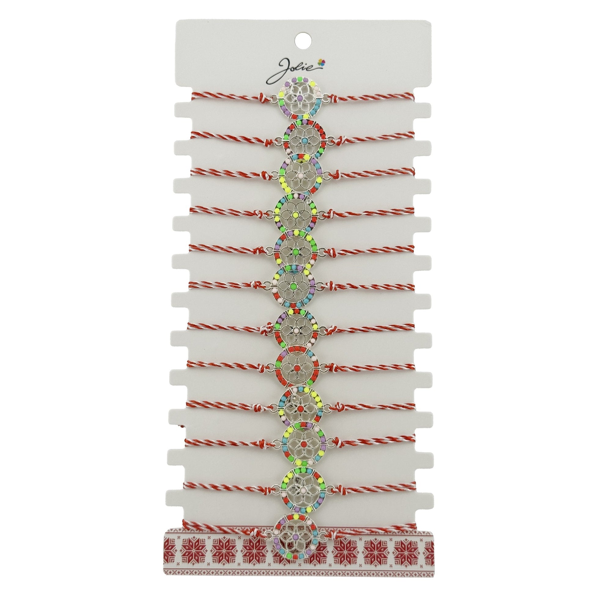 Bratara Martisor pentru Dama, Jolie, Model Floaricica in Cerc, Set 12 bucati, Pandativ Argintiu din Inox cu Elemente Multicolore, Snur Alb/Rosu