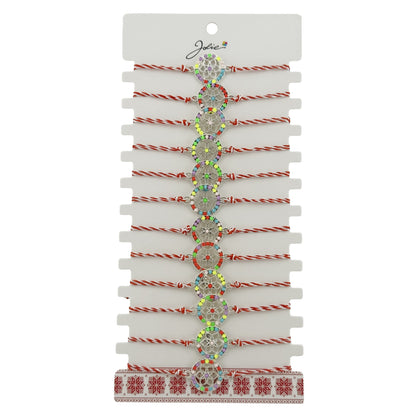 Bratara Martisor pentru Dama, Jolie, Model Floaricica in Cerc, Set 12 bucati, Pandativ Argintiu din Inox cu Elemente Multicolore, Snur Alb/Rosu
