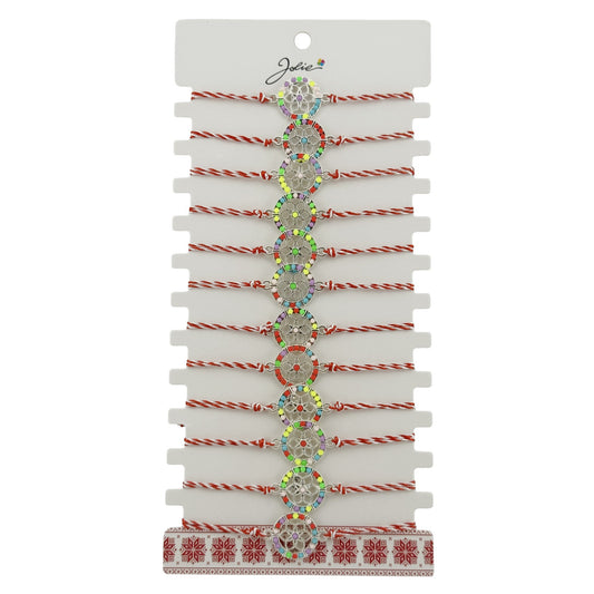 Bratara Martisor pentru Dama, Jolie, Model Floaricica in Cerc, Set 12 bucati, Pandativ Argintiu din Inox cu Elemente Multicolore, Snur Alb/Rosu
