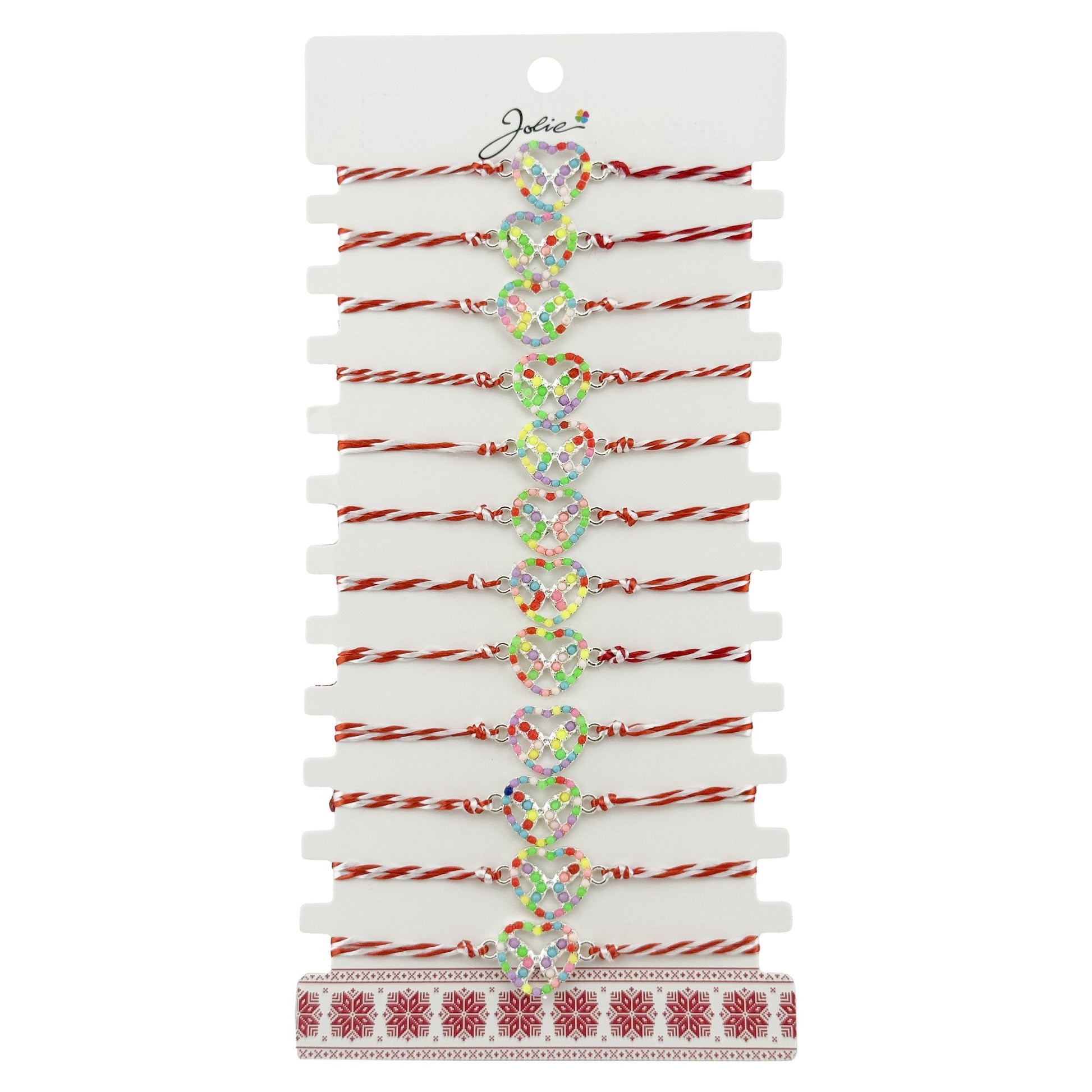 Bratara Martisor pentru Dama, Jolie, Model Fluturas in Inima, Set 12 bucati, Pandativ Argintiu din Inox cu Elemente Multicolore, Snur Alb/Rosu