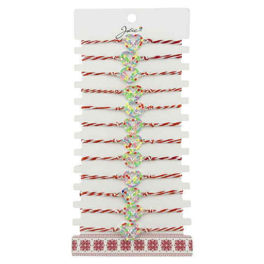 Bratara Martisor pentru Dama, Jolie, Model Fluturas in Inima, Set 12 bucati, Pandativ Argintiu din Inox cu Elemente Multicolore, Snur Alb/Rosu