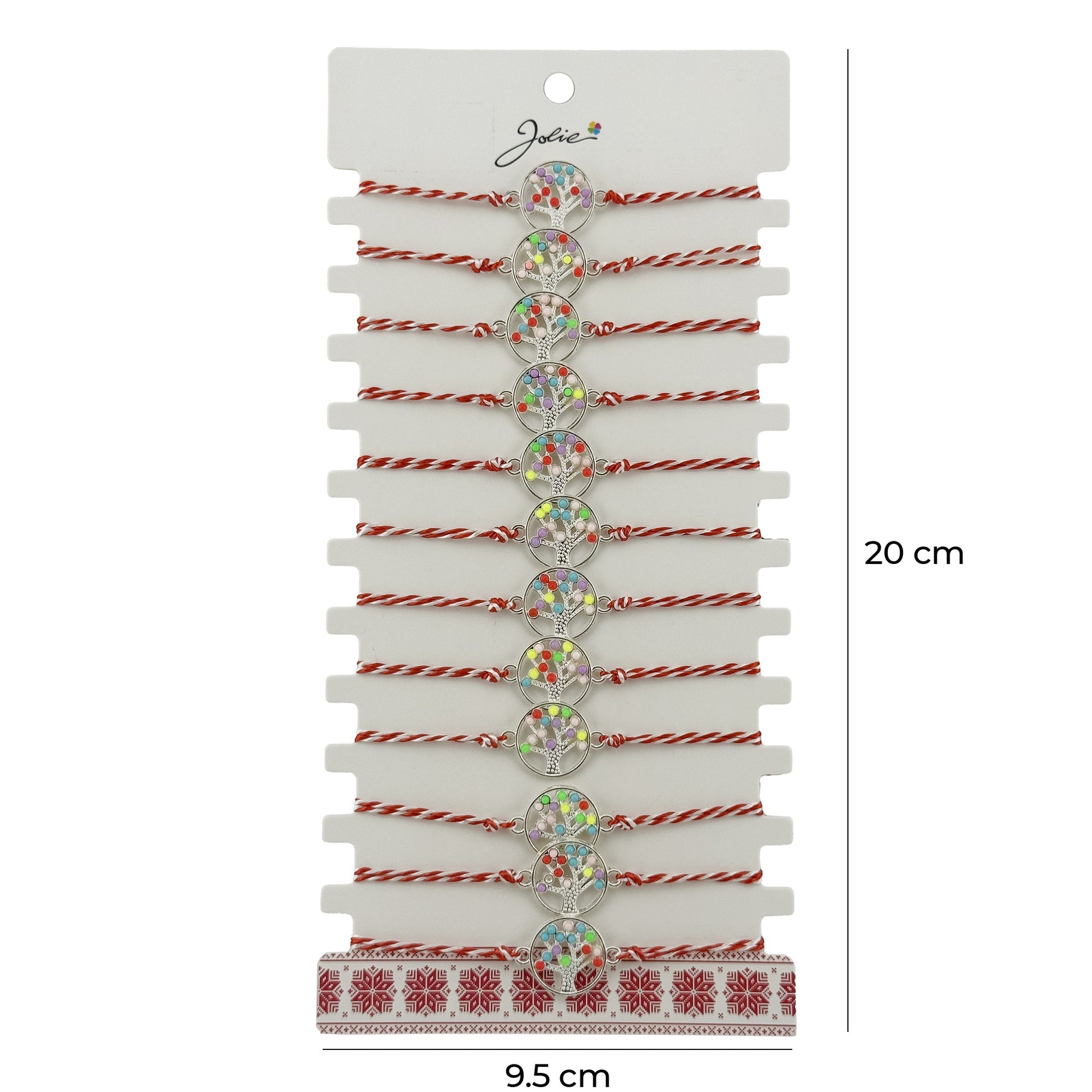 Bratara Martisor pentru Dama, Jolie, Model Copacel Colorat, Set 12 bucati, Pandativ Argintiu din Inox cu Elemente Multicolore, Snur Alb/Rosu