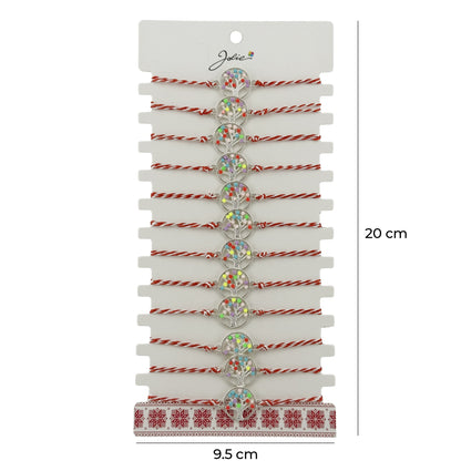Bratara Martisor pentru Dama, Jolie, Model Copacel Colorat, Set 12 bucati, Pandativ Argintiu din Inox cu Elemente Multicolore, Snur Alb/Rosu