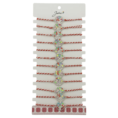 Bratara Martisor pentru Dama, Jolie, Model Copacel Colorat, Set 12 bucati, Pandativ Argintiu din Inox cu Elemente Multicolore, Snur Alb/Rosu