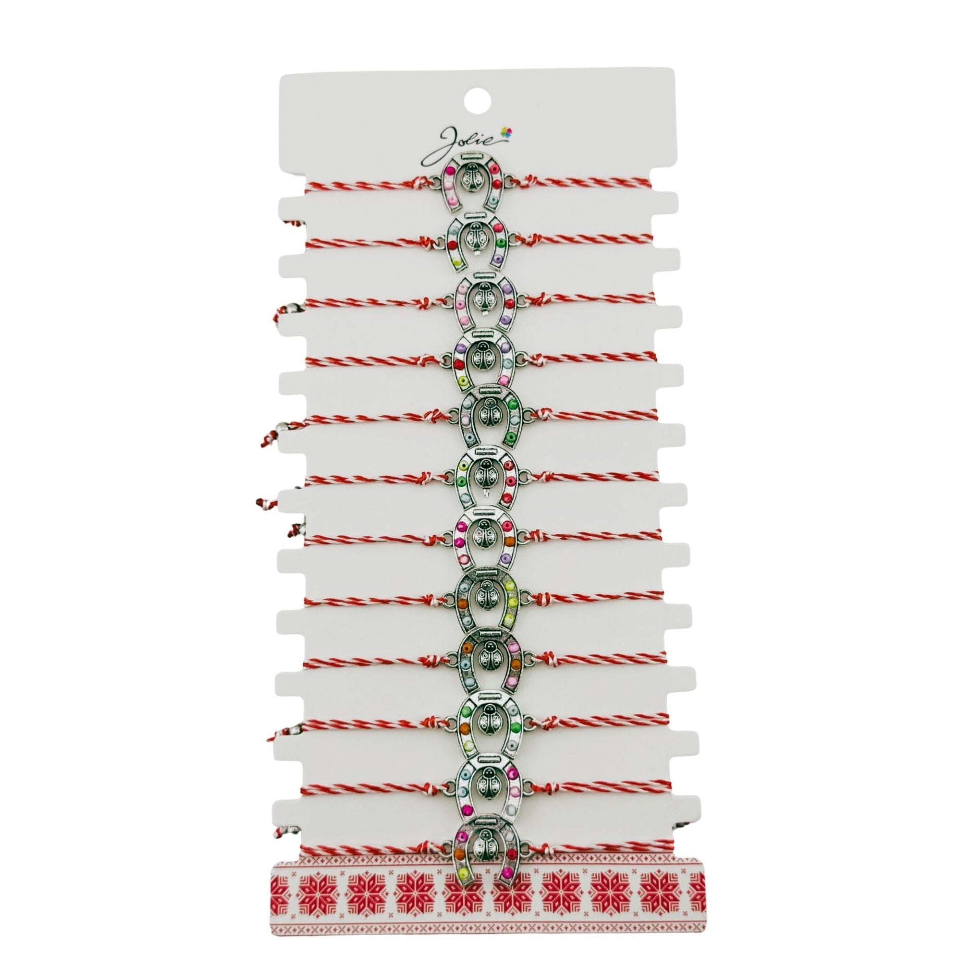 Bratara Martisor pentru Dama, Jolie, Model Potcoava, Set 12 bucati, Pandativ Argintiu din Inox cu Snur Alb-Rosu Ajustabil