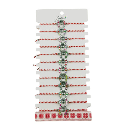 Bratara Martisor pentru Dama, Jolie, Model Potcoava, Set 12 bucati, Pandativ Argintiu din Inox cu Snur Alb-Rosu Ajustabil
