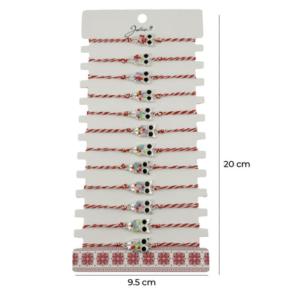 Bratara Martisor pentru Dama, Jolie, Model Bufnita, Set 12 bucati, Pandativ Argintiu din Inox cu Elemente Multicolore, Snur Alb/Rosu