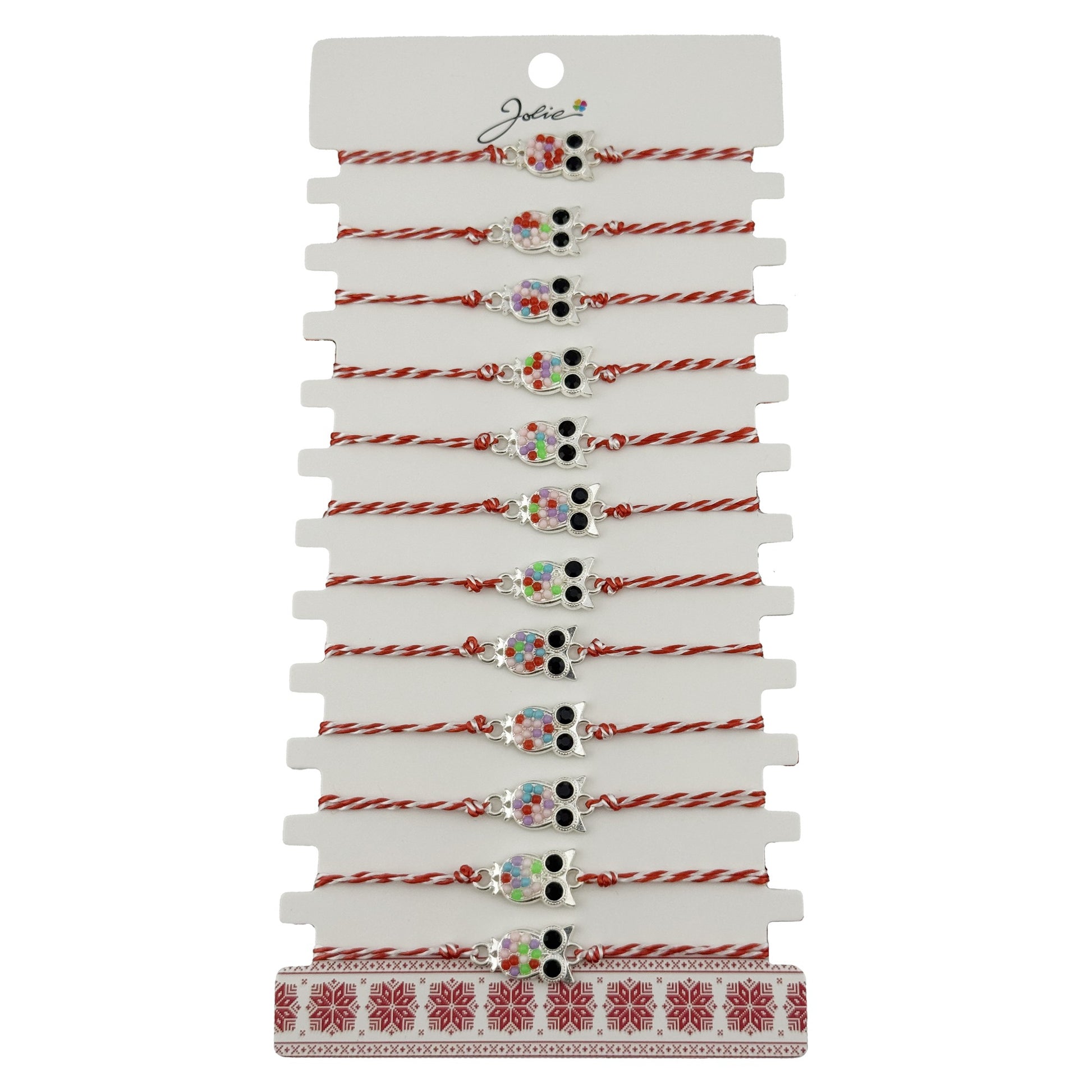 Bratara Martisor pentru Dama, Jolie, Model Bufnita, Set 12 bucati, Pandativ Argintiu din Inox cu Elemente Multicolore, Snur Alb/Rosu