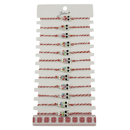 Bratara Martisor pentru Dama, Jolie, Model Bufnita, Set 12 bucati, Pandativ Argintiu din Inox cu Elemente Multicolore, Snur Alb/Rosu