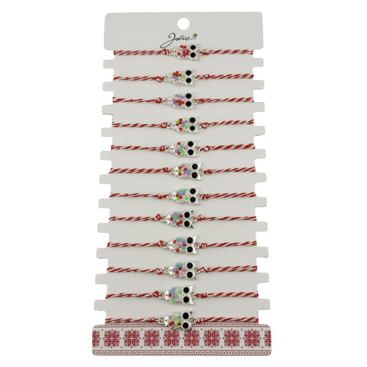 Bratara Martisor pentru Dama, Jolie, Model Bufnita, Set 12 bucati, Pandativ Argintiu din Inox cu Elemente Multicolore, Snur Alb/Rosu