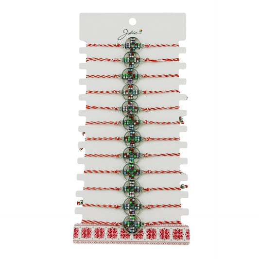 Bratara Martisor pentru Dama, Jolie, Model Floare, Set 12 bucati, Pandativ Argintiu din Inox cu Snur Alb-Rosu Ajustabil