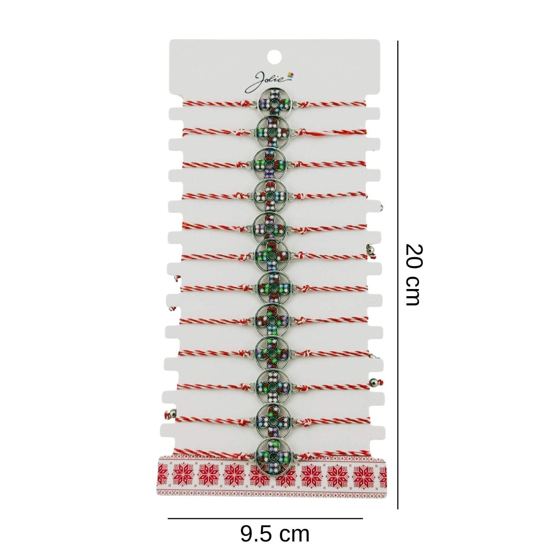 Bratara Martisor pentru Dama, Jolie, Model Floare, Set 12 bucati, Pandativ Argintiu din Inox cu Snur Alb-Rosu Ajustabil