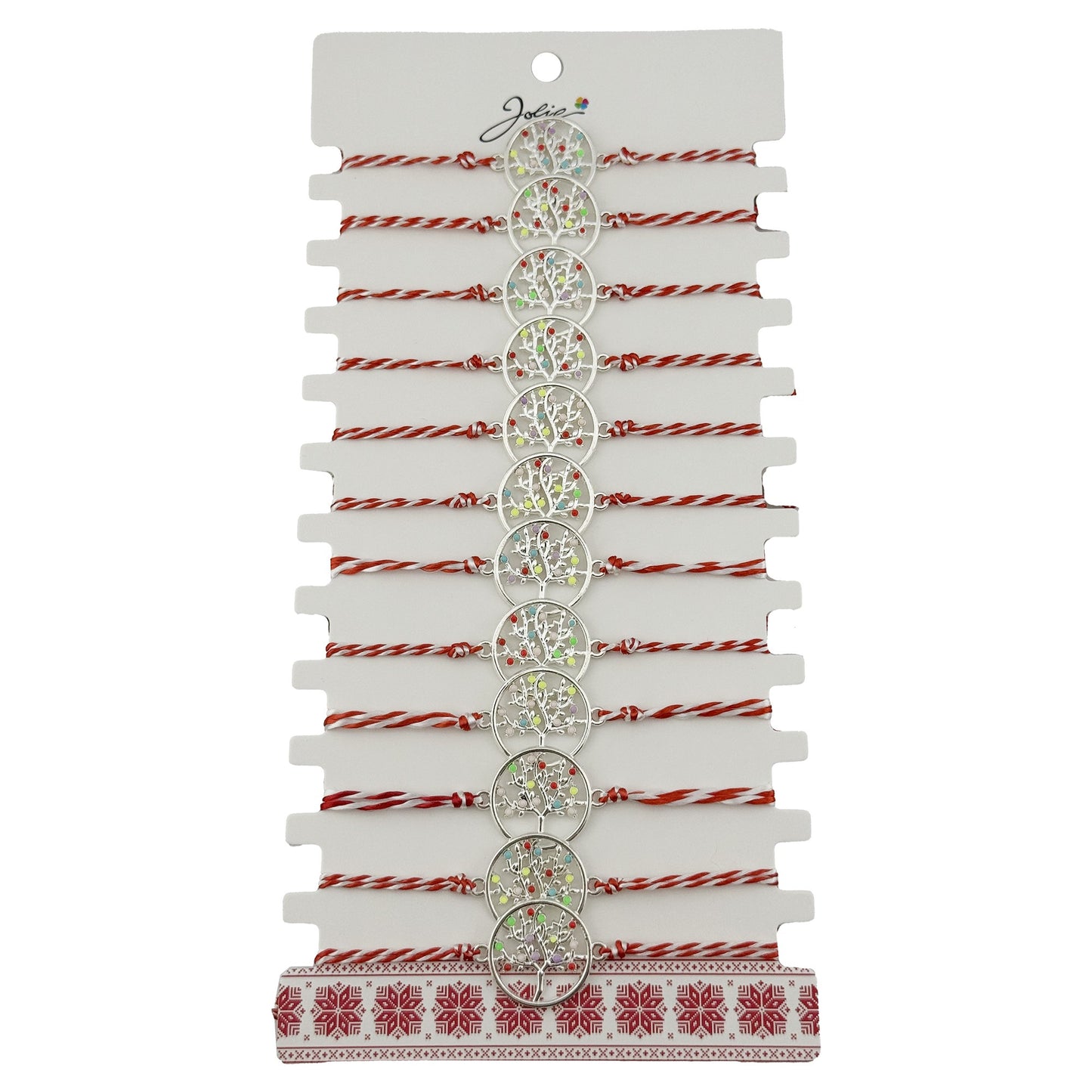 Bratara Martisor pentru Dama, Jolie, Model Copac Multicolor, Set 12 bucati, Pandativ Argintiu din Inox cu Elemente Multicolore, Snur Alb/Rosu