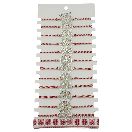 Bratara Martisor pentru Dama, Jolie, Model Copac Multicolor, Set 12 bucati, Pandativ Argintiu din Inox cu Elemente Multicolore, Snur Alb/Rosu