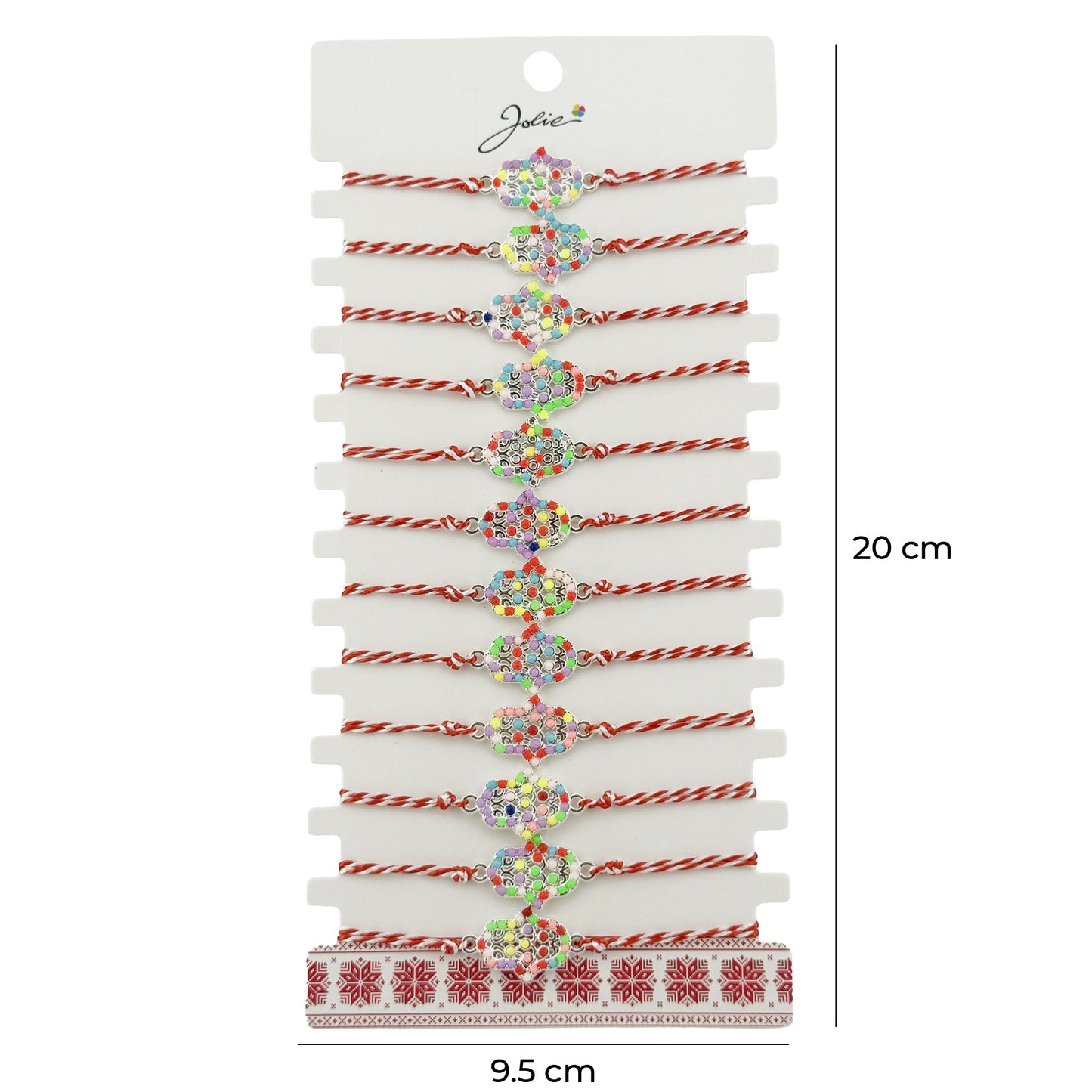 Bratara Martisor pentru Dama, Jolie, Model Floare, Set 12 bucati, Pandativ Argintiu din Inox cu Elemente Multicolore, Snur Alb/Rosu
