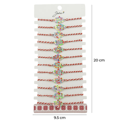 Bratara Martisor pentru Dama, Jolie, Model Floare, Set 12 bucati, Pandativ Argintiu din Inox cu Elemente Multicolore, Snur Alb/Rosu
