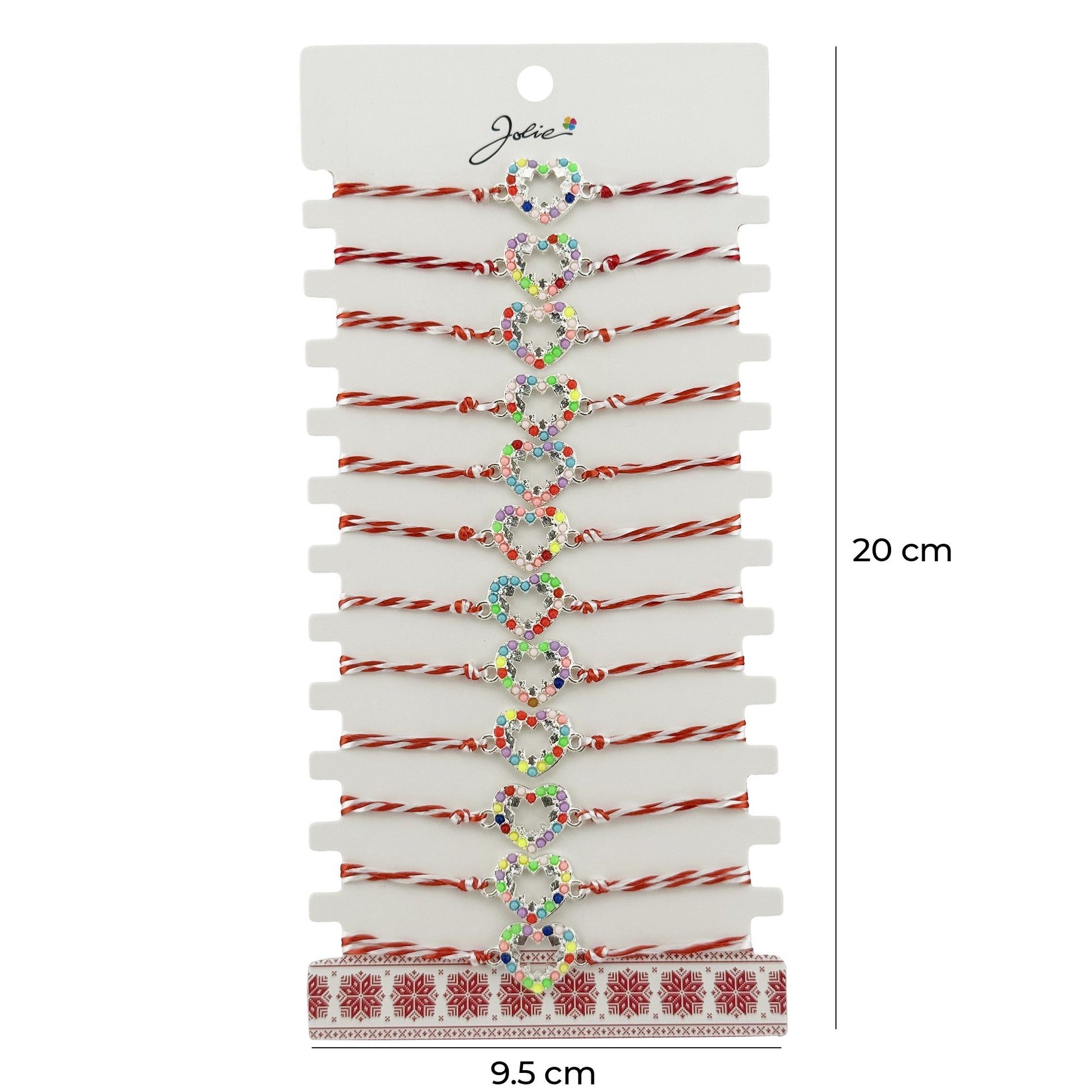 Bratara Martisor pentru Dama, Jolie, Model Inima Multicolora, Set 12 bucati, Pandativ Argintiu din Inox cu Elemente Multicolore, Snur Alb/Rosu