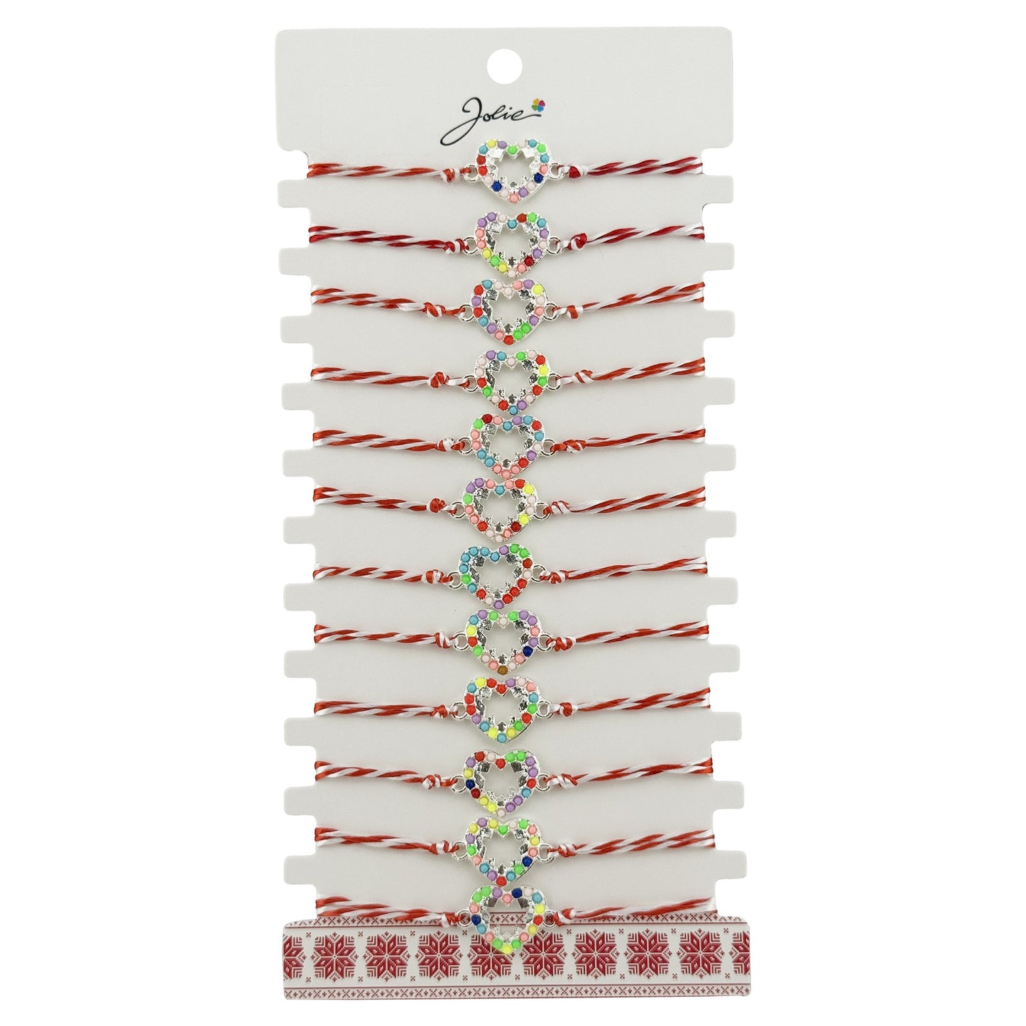 Bratara Martisor pentru Dama, Jolie, Model Inima Multicolora, Set 12 bucati, Pandativ Argintiu din Inox cu Elemente Multicolore, Snur Alb/Rosu
