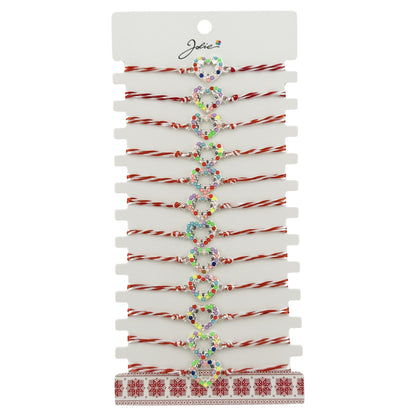 Bratara Martisor pentru Dama, Jolie, Model Inima Multicolora, Set 12 bucati, Pandativ Argintiu din Inox cu Elemente Multicolore, Snur Alb/Rosu