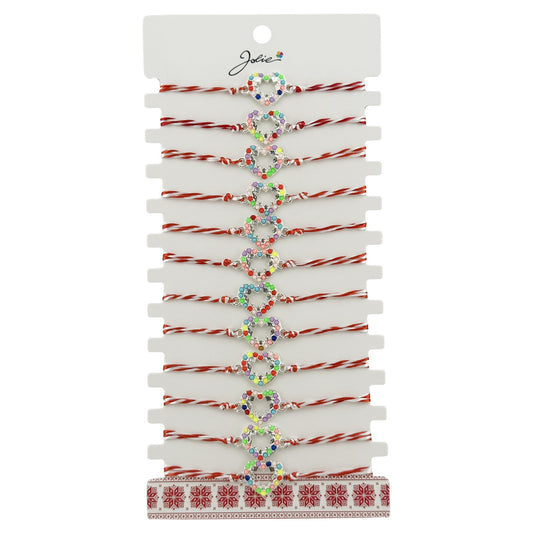 Bratara Martisor pentru Dama, Jolie, Model Inima Multicolora, Set 12 bucati, Pandativ Argintiu din Inox cu Elemente Multicolore, Snur Alb/Rosu