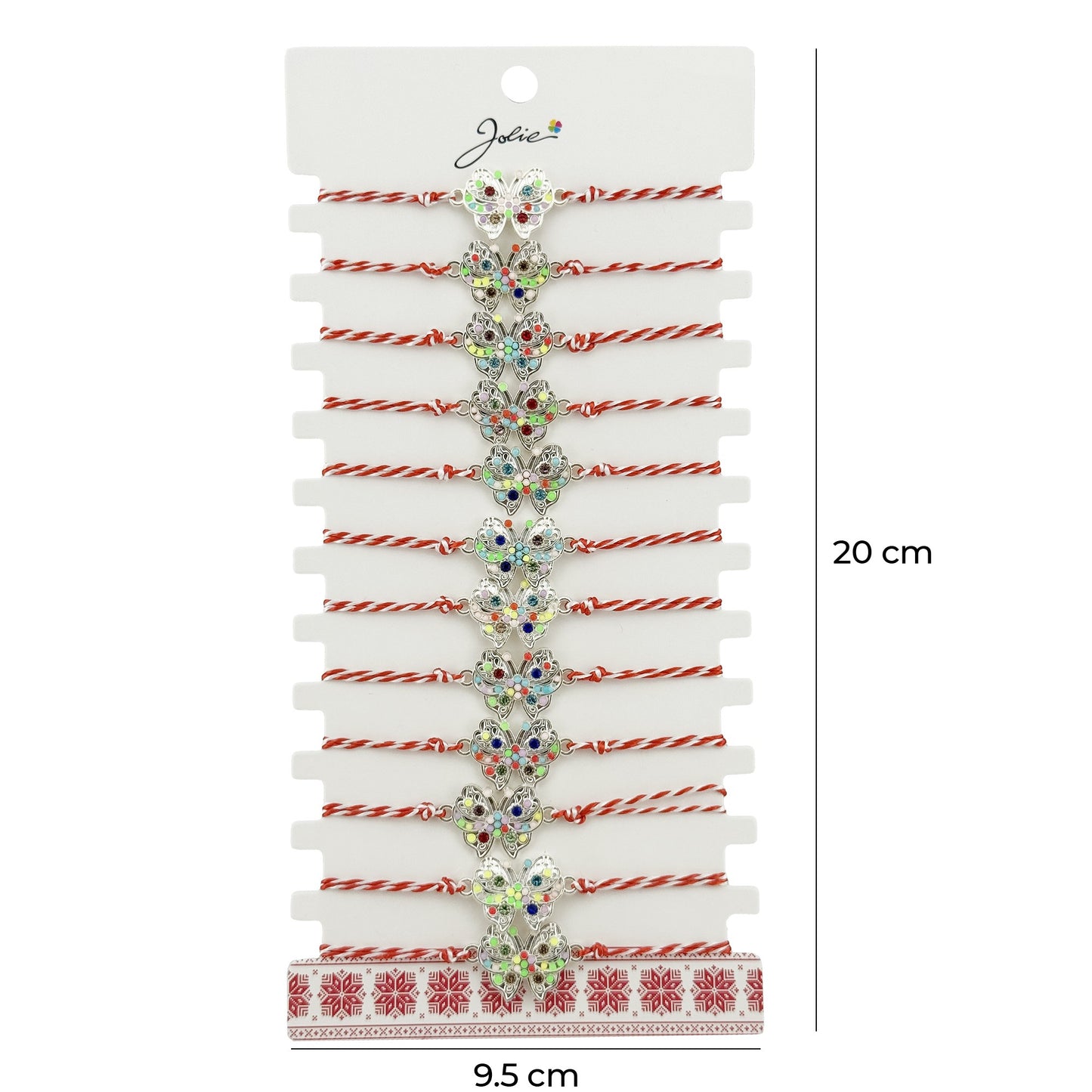 Bratara Martisor pentru Dama, Jolie, Model Fluture Multicolor, Set 12 bucati, Pandativ Argintiu din Inox cu Elemente Multicolore, Snur Alb/Rosu