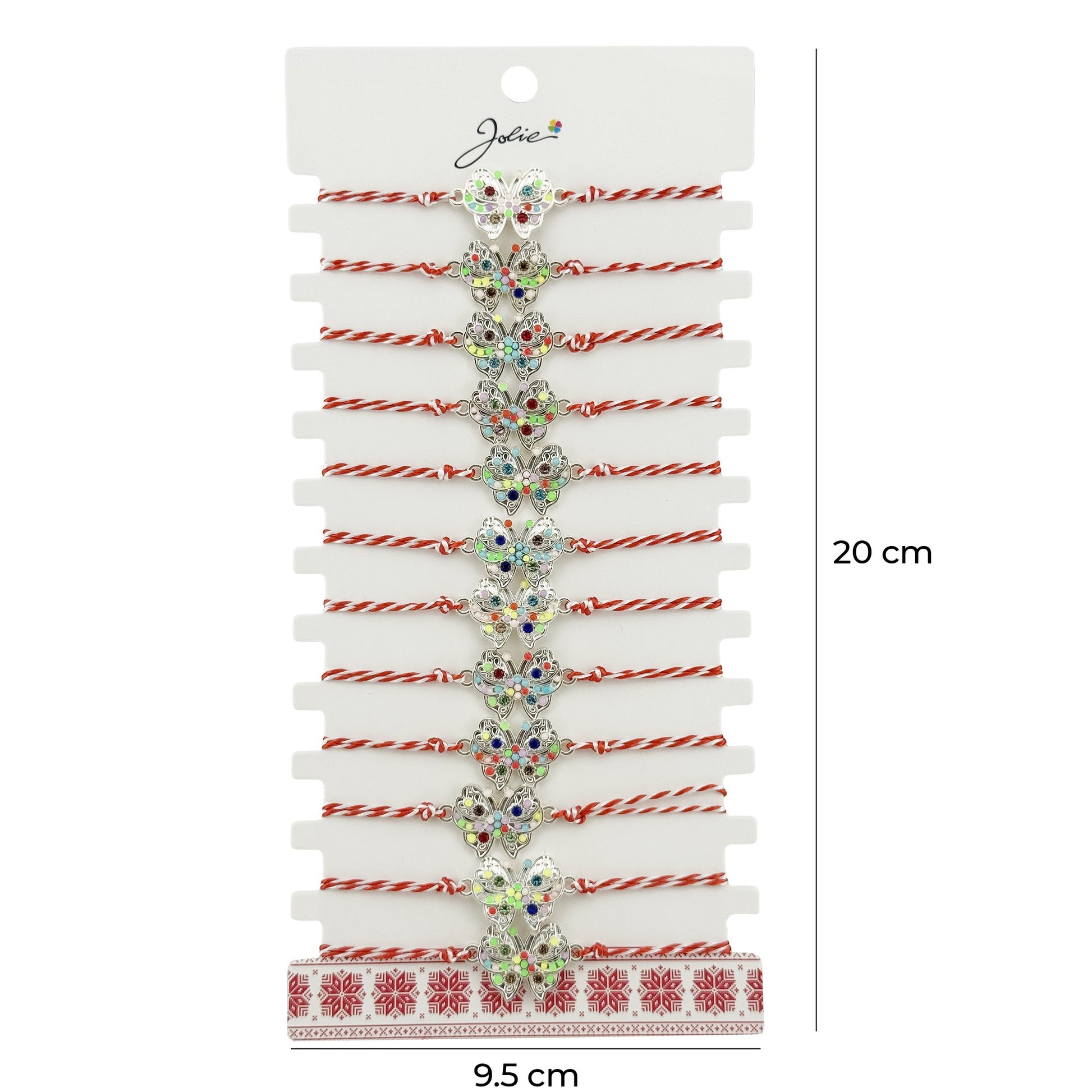 Bratara Martisor pentru Dama, Jolie, Model Fluture Multicolor, Set 12 bucati, Pandativ Argintiu din Inox cu Elemente Multicolore, Snur Alb/Rosu
