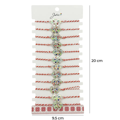 Bratara Martisor pentru Dama, Jolie, Model Fluture Multicolor, Set 12 bucati, Pandativ Argintiu din Inox cu Elemente Multicolore, Snur Alb/Rosu