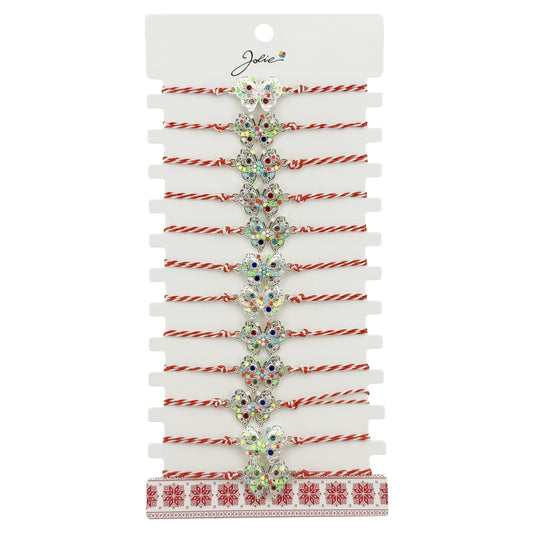 Bratara Martisor pentru Dama, Jolie, Model Fluture Multicolor, Set 12 bucati, Pandativ Argintiu din Inox cu Elemente Multicolore, Snur Alb/Rosu