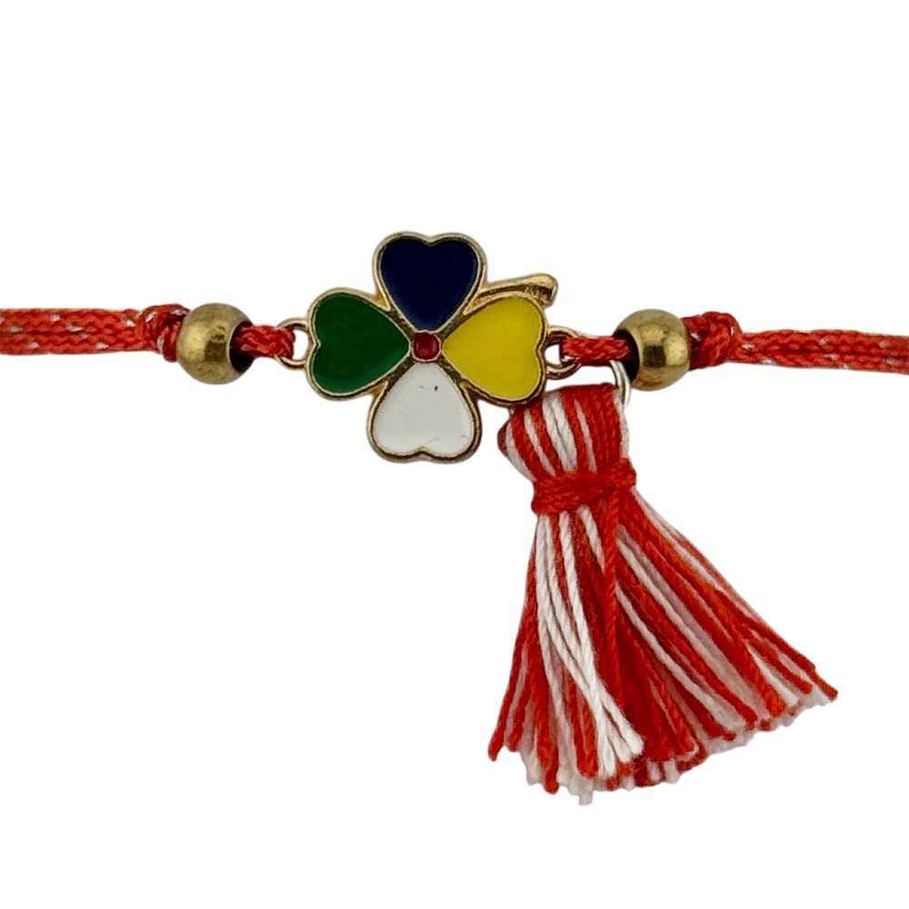 Martisor Bratara cu Ciucure pentru Dama, Jolie, Model Trifoi Colorat, Set 12 bucati, Pandativ din Inox, Snur Reglabil, Rosu/Alb