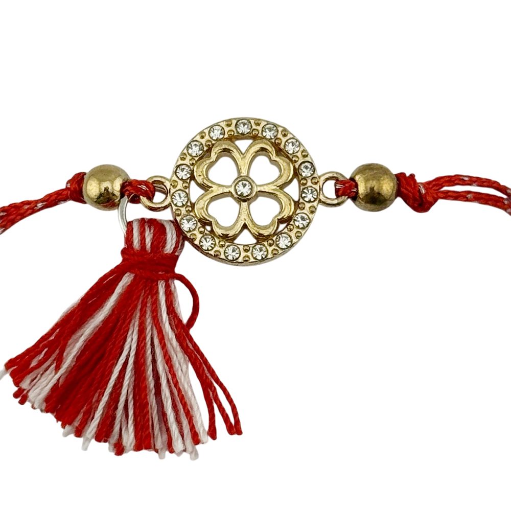 Martisor Bratara cu Ciucure pentru Dama, Jolie, Model Cerc Trifoi cu Patru Foi, Set 12 bucati, Pandativ din Inox cu Pietre, Snur Reglabil, Rosu/Alb