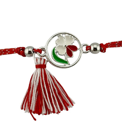 Martisor Bratara cu Ciucure pentru Dama, Jolie, Model Floare Alba, Set 12 bucati, Pandativ din Inox, Snur Reglabil, Rosu/Alb