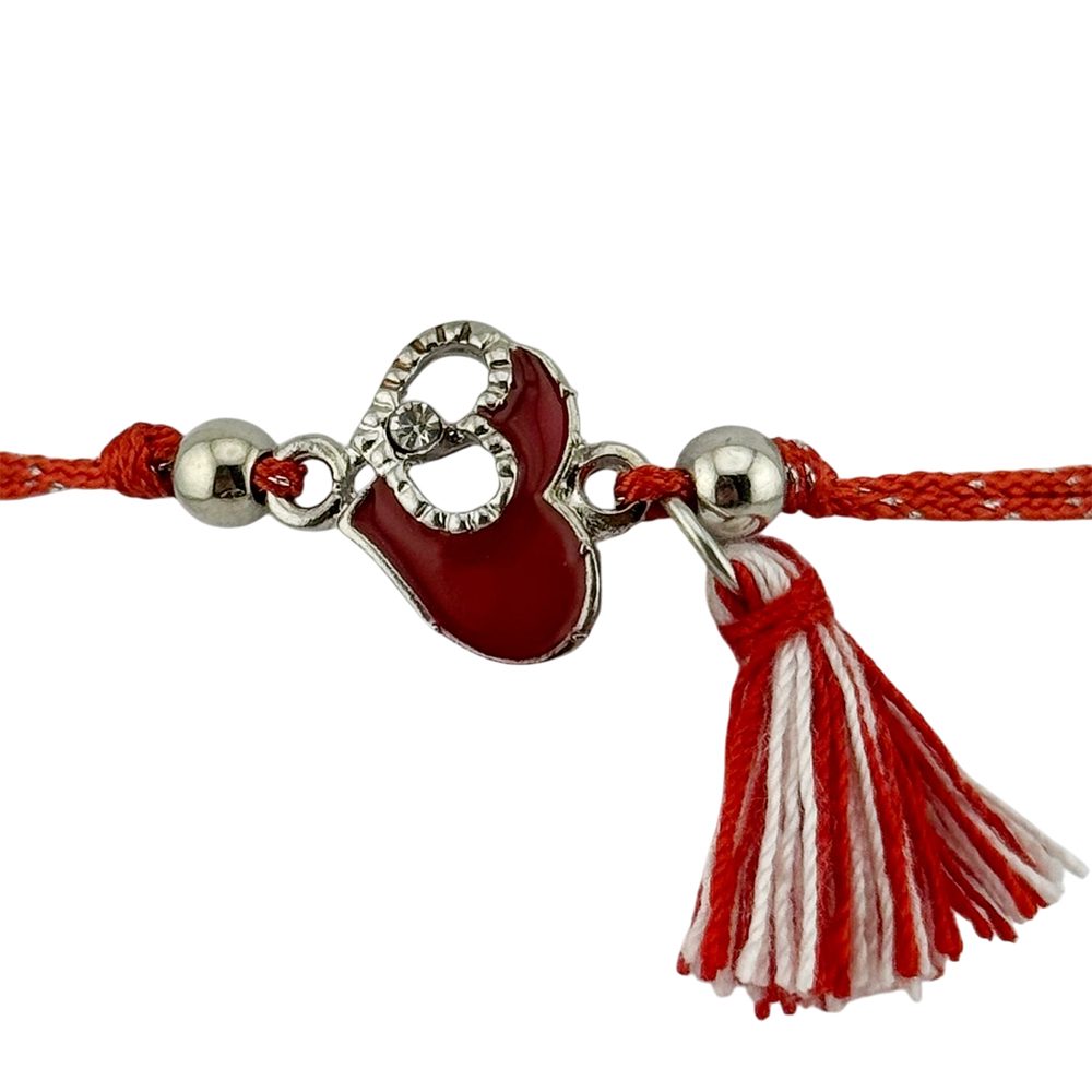 Martisor Bratara cu Ciucure pentru Dama, Jolie, Model Doua Inimi, Set 12 bucati, Pandativ din Inox cu Piatra, Snur Reglabil, Rosu/Alb
