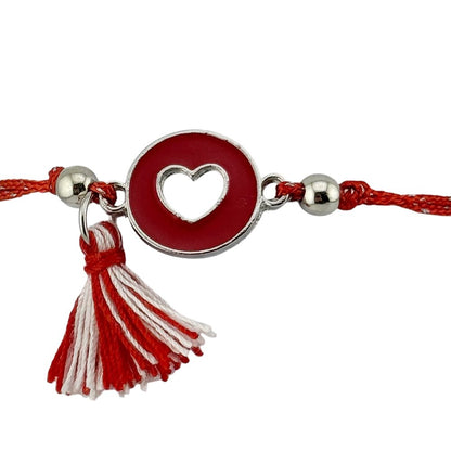 Martisor Bratara cu Ciucure pentru Dama, Jolie, Model Cerc cu Inima, Set 12 bucati, Pandativ din Inox, Snur Reglabil, Rosu/Alb