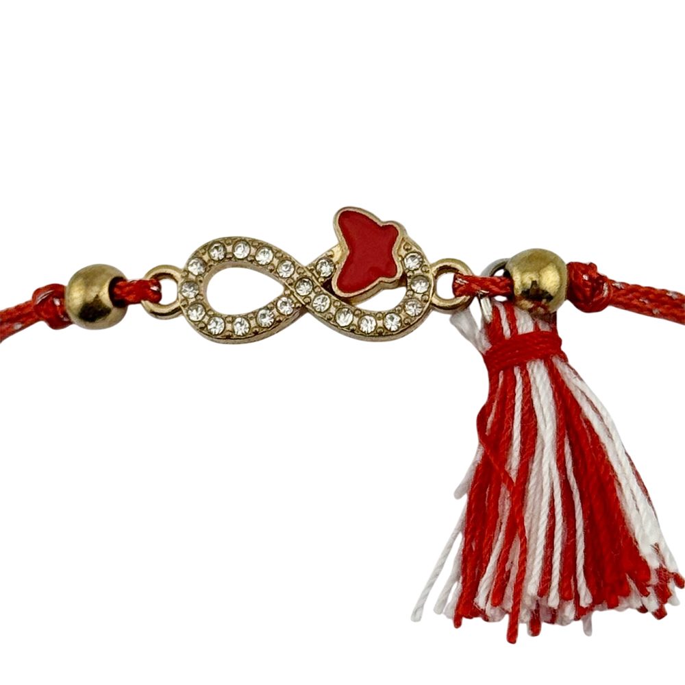 Martisor Bratara cu Ciucure pentru Dama, Jolie, Model Infinit cu Fluture, Set 12 bucati, Pandativ din Inox cu Pietre, Snur Reglabil, Rosu/Alb