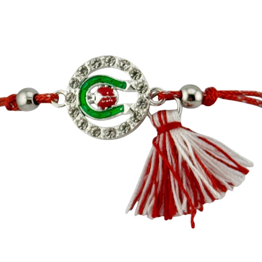 Martisor Bratara cu Ciucure pentru Dama, Jolie, Model Potcoava cu Buburuza in Cerc, Set 12 bucati, Pandativ din Inox cu Pietre, Snur Reglabil, Rosu/Alb