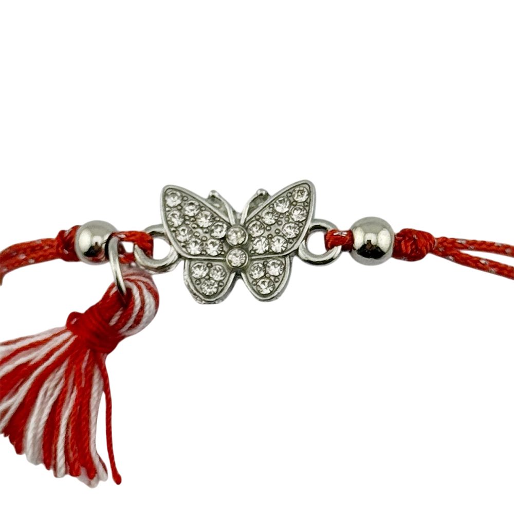Martisor Bratara cu Ciucure pentru Dama, Jolie, Model Fluture cu Pietre, Set 12 bucati, Pandativ din Inox, Snur Reglabil, Rosu/Alb