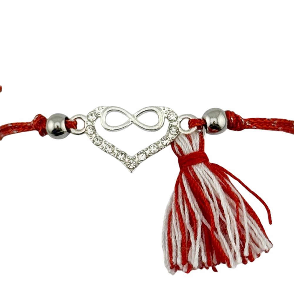Martisor Bratara cu Ciucure pentru Dama, Jolie, Model Inima Infinit, Set 12 bucati, Pandativ din Inox cu Pietre, Snur Reglabil, Rosu/Alb