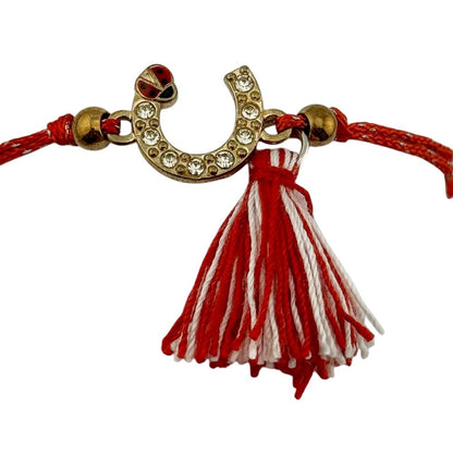 Martisor Bratara  cu Ciucure pentru Dama, Jolie, Model Potcoava Buburuza, Set 12 bucati, Pandativ din Inox cu Pietre, Snur Reglabil, Rosu/Alb