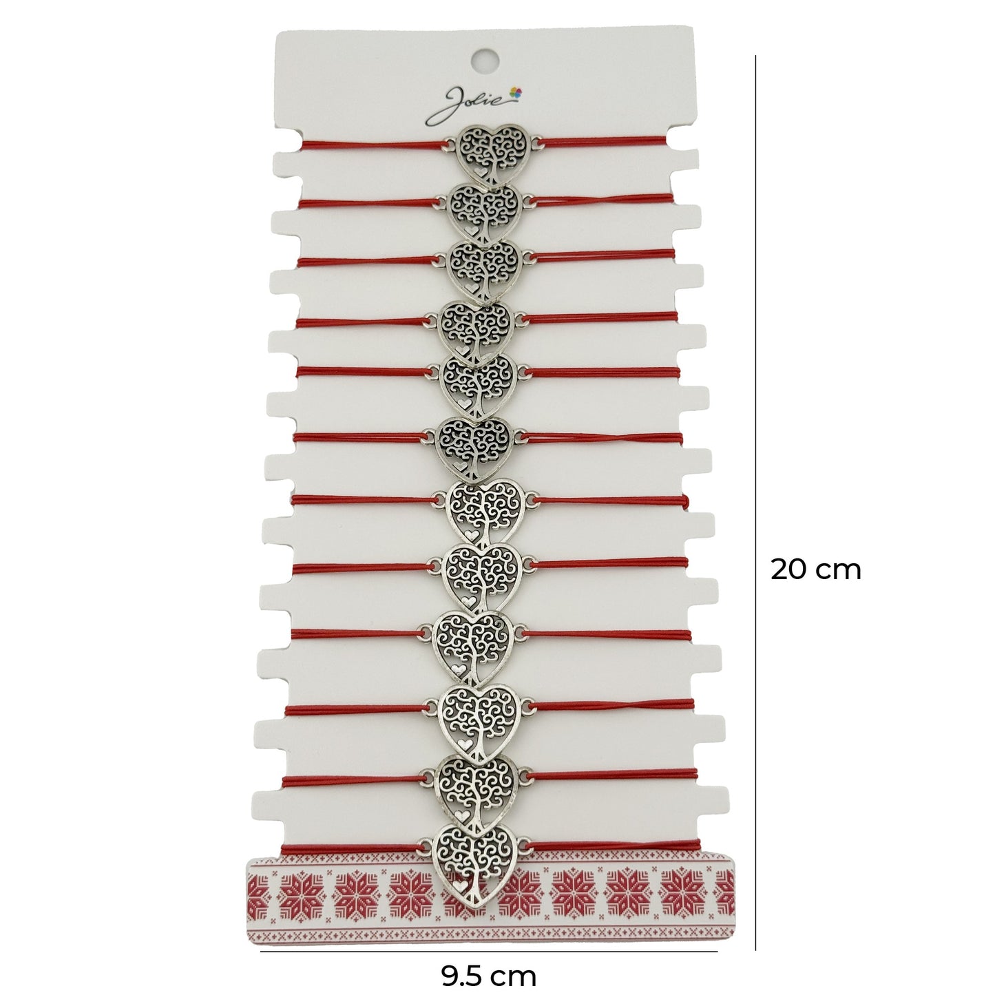 Bratara Martisor pentru Dama, Jolie, Model Copac in Inima, Set 12 bucati, Pandativ Argintiu din Inox cu Snur Rosu Ajustabil