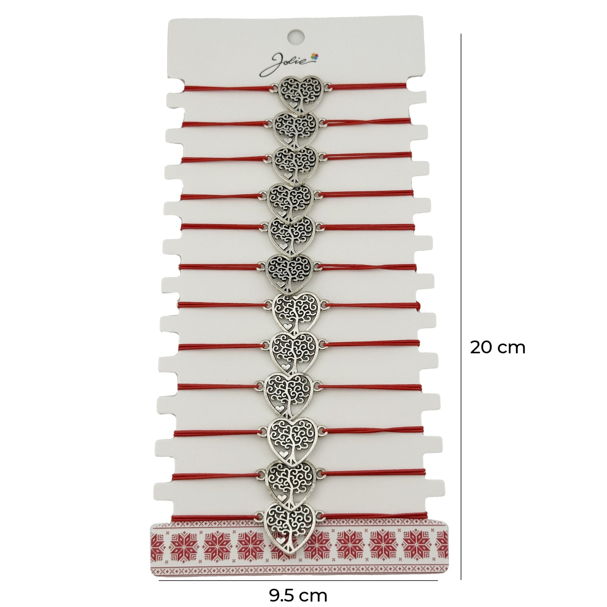 Bratara Martisor pentru Dama, Jolie, Model Copac in Inima, Set 12 bucati, Pandativ Argintiu din Inox cu Snur Rosu Ajustabil