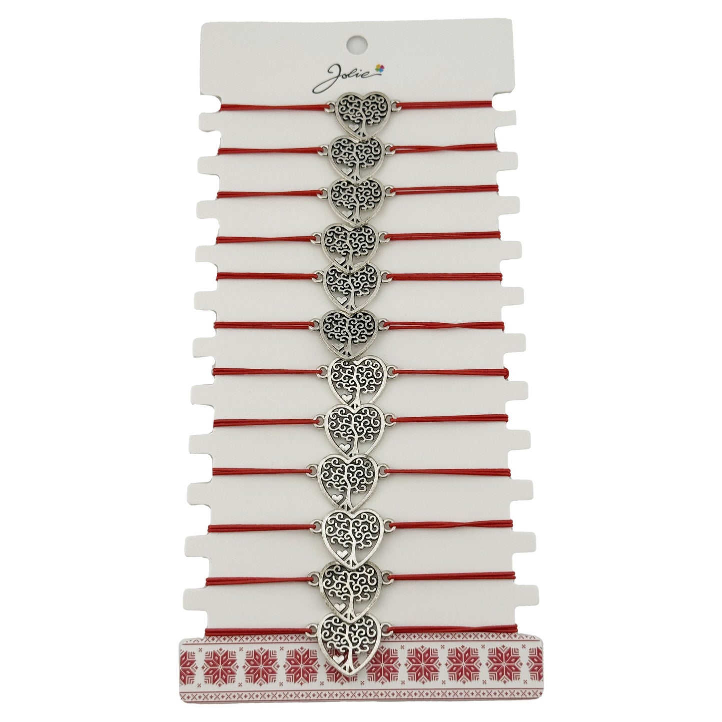 Bratara Martisor pentru Dama, Jolie, Model Copac in Inima, Set 12 bucati, Pandativ Argintiu din Inox cu Snur Rosu Ajustabil