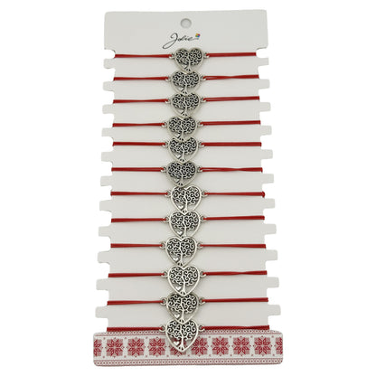 Bratara Martisor pentru Dama, Jolie, Model Copac in Inima, Set 12 bucati, Pandativ Argintiu din Inox cu Snur Rosu Ajustabil