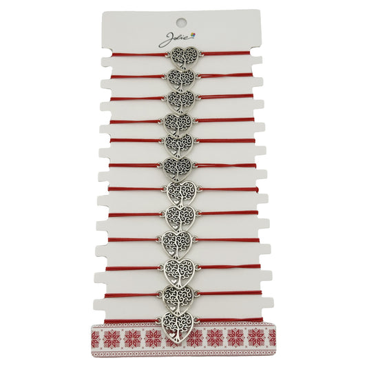 Bratara Martisor pentru Dama, Jolie, Model Copac in Inima, Set 12 bucati, Pandativ Argintiu din Inox cu Snur Rosu Ajustabil