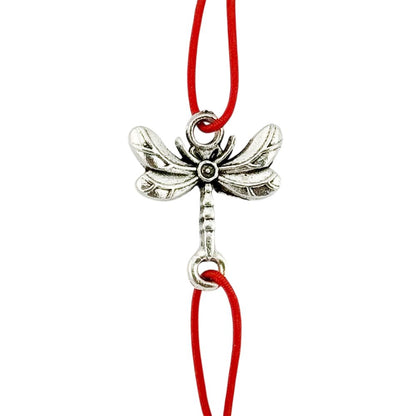 Martisor Bratara Elastica cu Pandantiv din Inox, Jolie, pentru Dama, Set 12 bucati, Snur Rosu Textil, Model Libelula