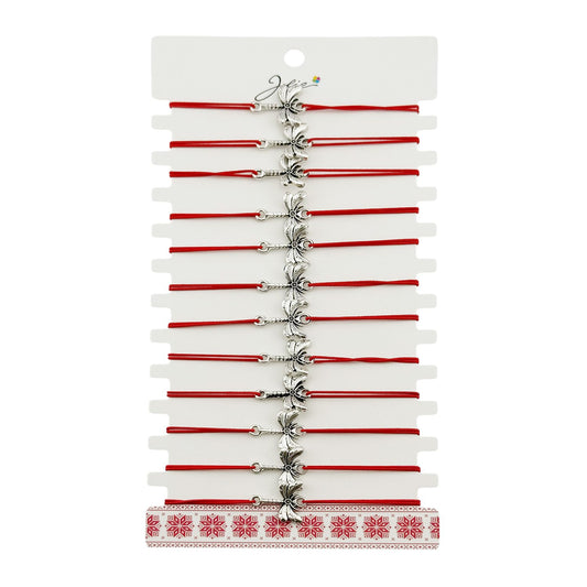 Martisor Bratara Elastica cu Pandantiv din Inox, Jolie, pentru Dama, Set 12 bucati, Snur Rosu Textil, Model Libelula