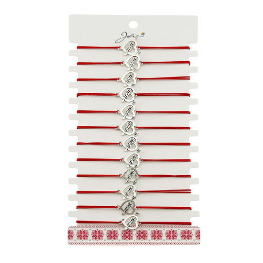 Martisor Bratara Elastica cu Pandantiv din Inox, Jolie, pentru Dama, Set 12 bucati, Snur Rosu Textil, Model Inima Love