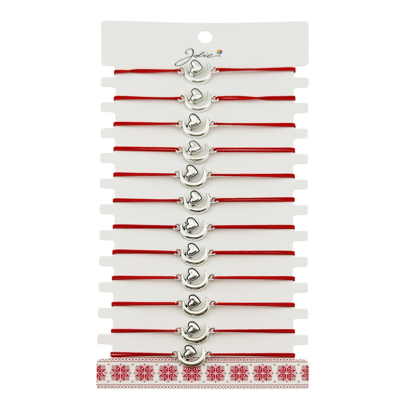 Martisor Bratara Elastica cu Pandantiv din Inox, Jolie, pentru Dama, Set 12 bucati, Snur Rosu Textil, Model Inima Luna