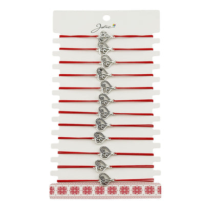 Martisor Bratara Elastica cu Pandantiv din Inox, Jolie, pentru Dama, Set 12 bucati, Snur Rosu Textil, Model Inima Eleganta