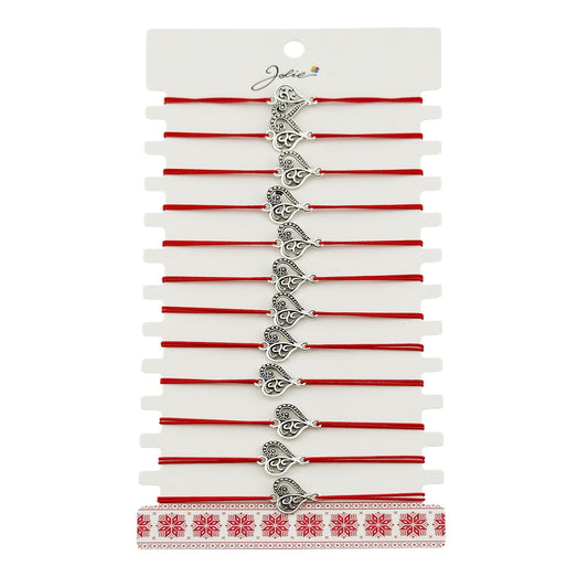 Martisor Bratara Elastica cu Pandantiv din Inox, Jolie, pentru Dama, Set 12 bucati, Snur Rosu Textil, Model Inima Eleganta