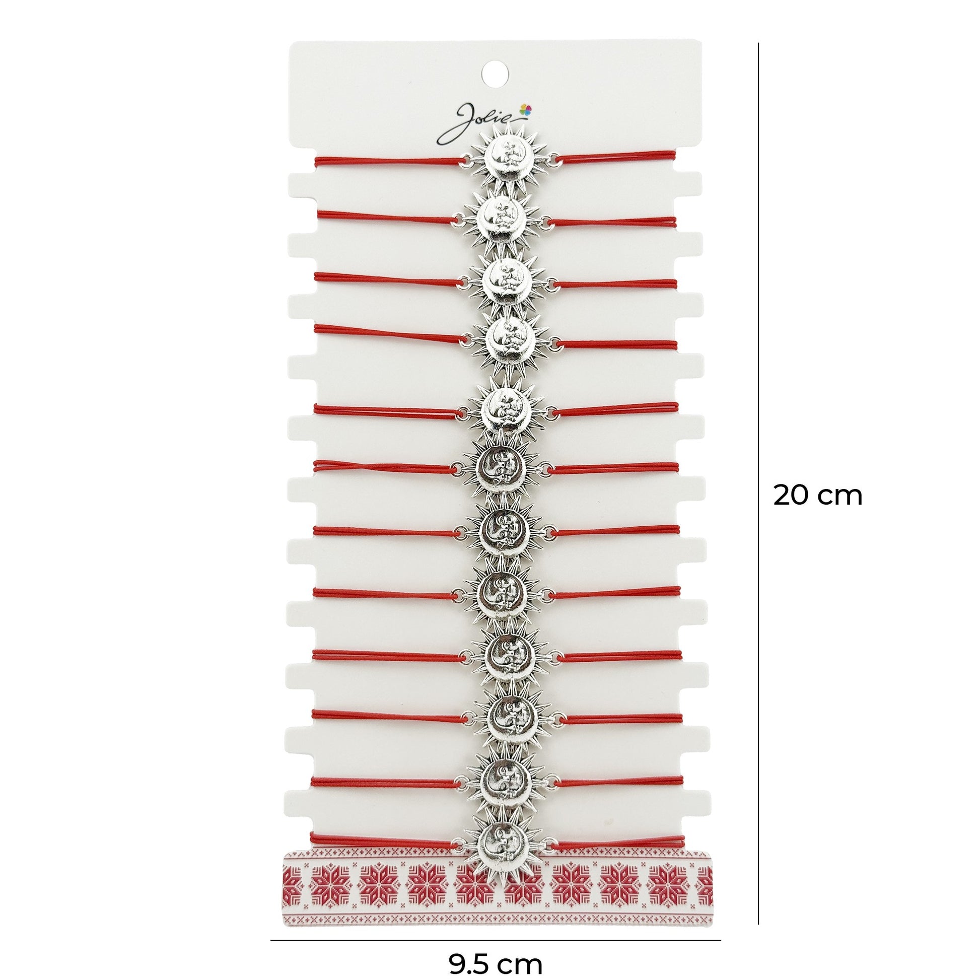 Bratara Martisor pentru Dama, Jolie, Model Soare, Set 12 bucati, Pandativ Argintiu din Inox cu Snur Rosu Ajustabil